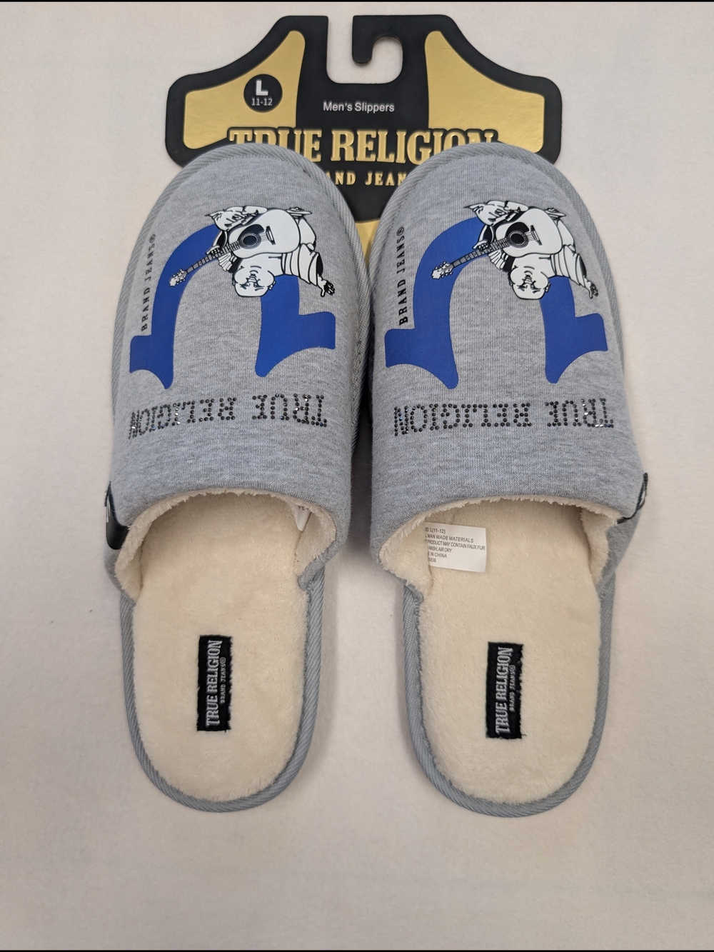 True Religion Men's Gray Slippers Blue Logo Cushioned NWT Size 11-12